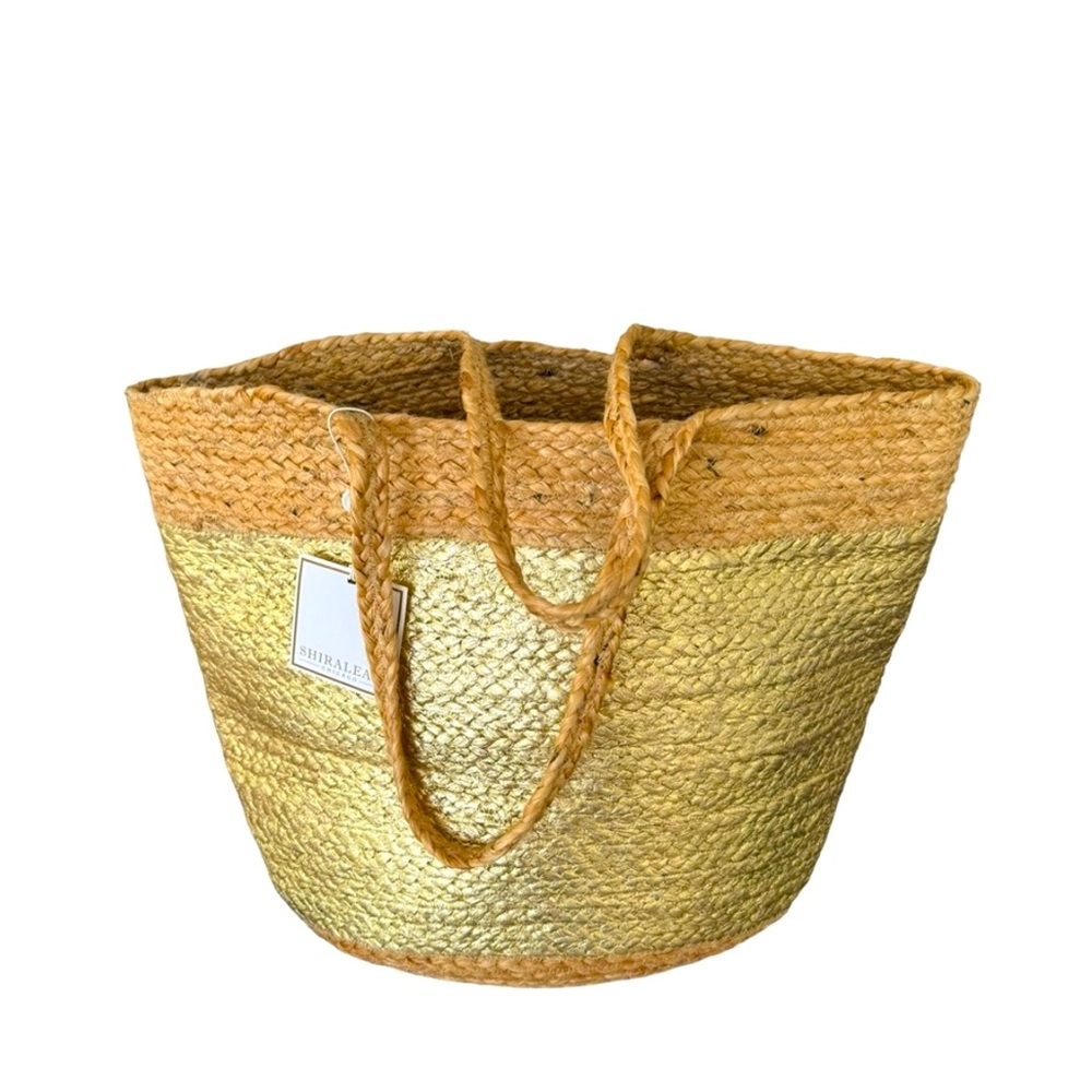 Shiraleah for Anthropologie Large Gold Metallic Shanti Braided Tote Beach Bag